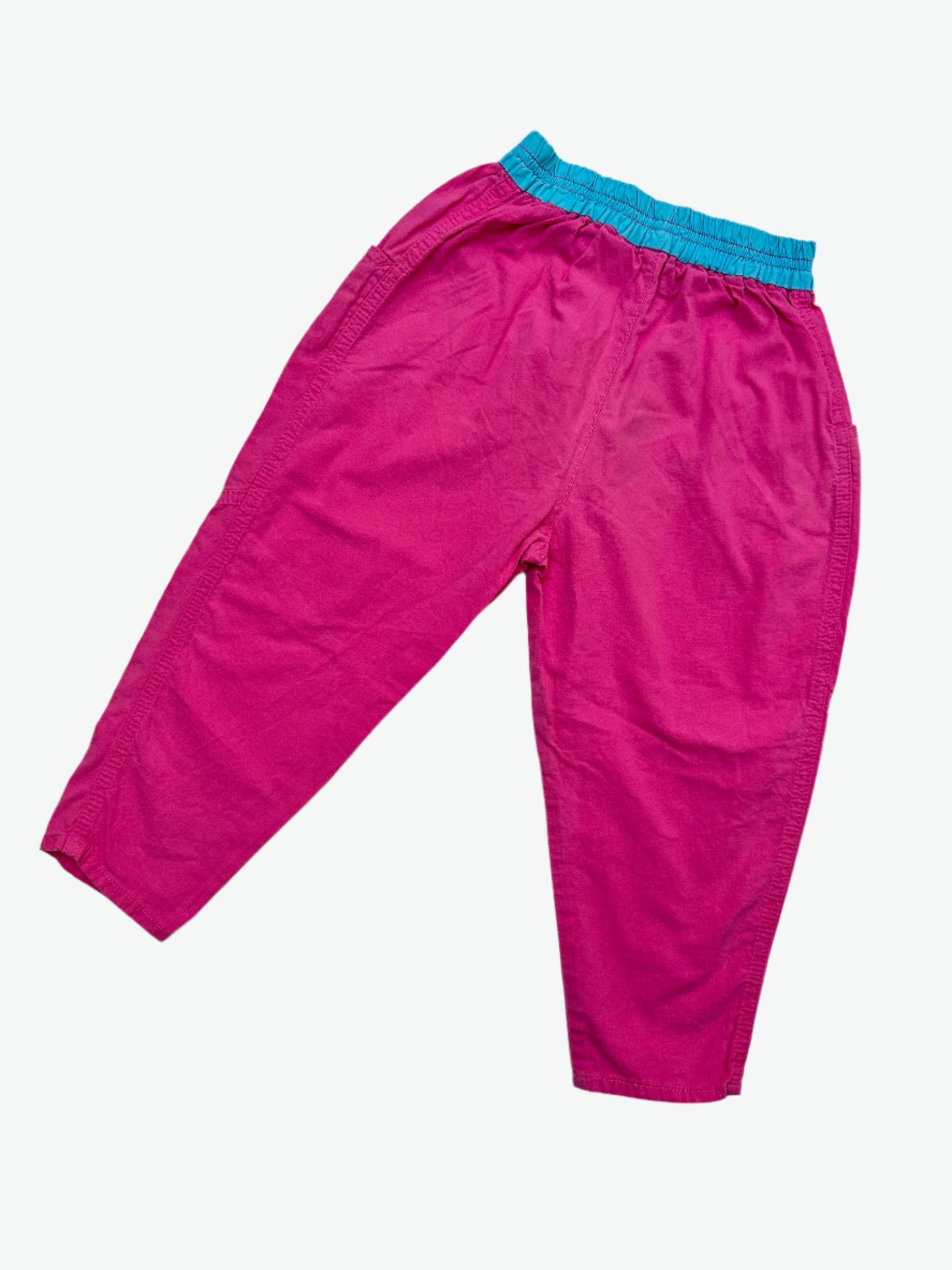 Kids vintage lightweight trouser in pink with blue waistband from Ladybird. In a relaxed fit with elasticated waist and badge detail on the thigh. Age 2-3 yrs.