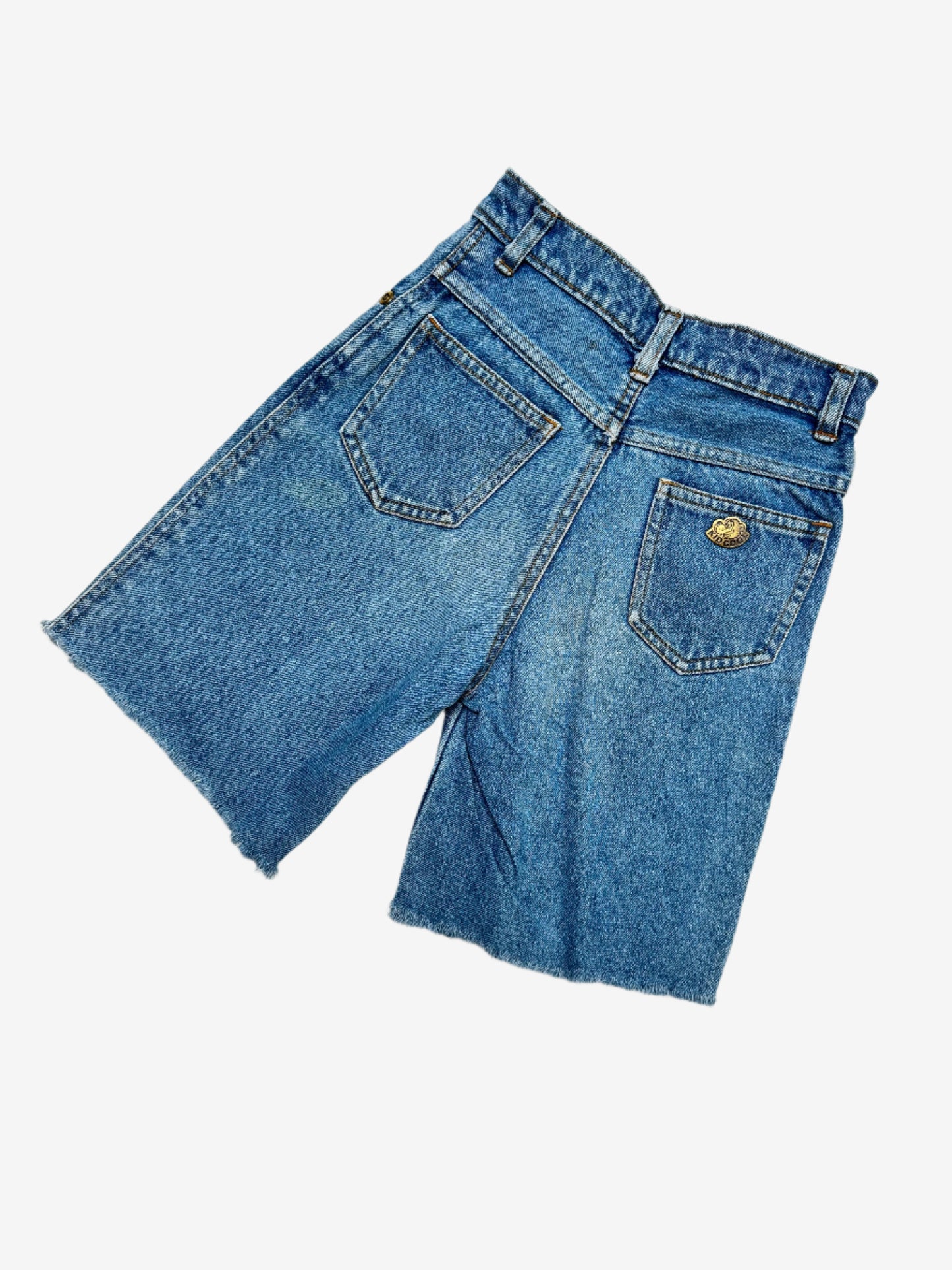 Kids Vintage cut-off denim shorts, with badge details, Age 4-5 years.