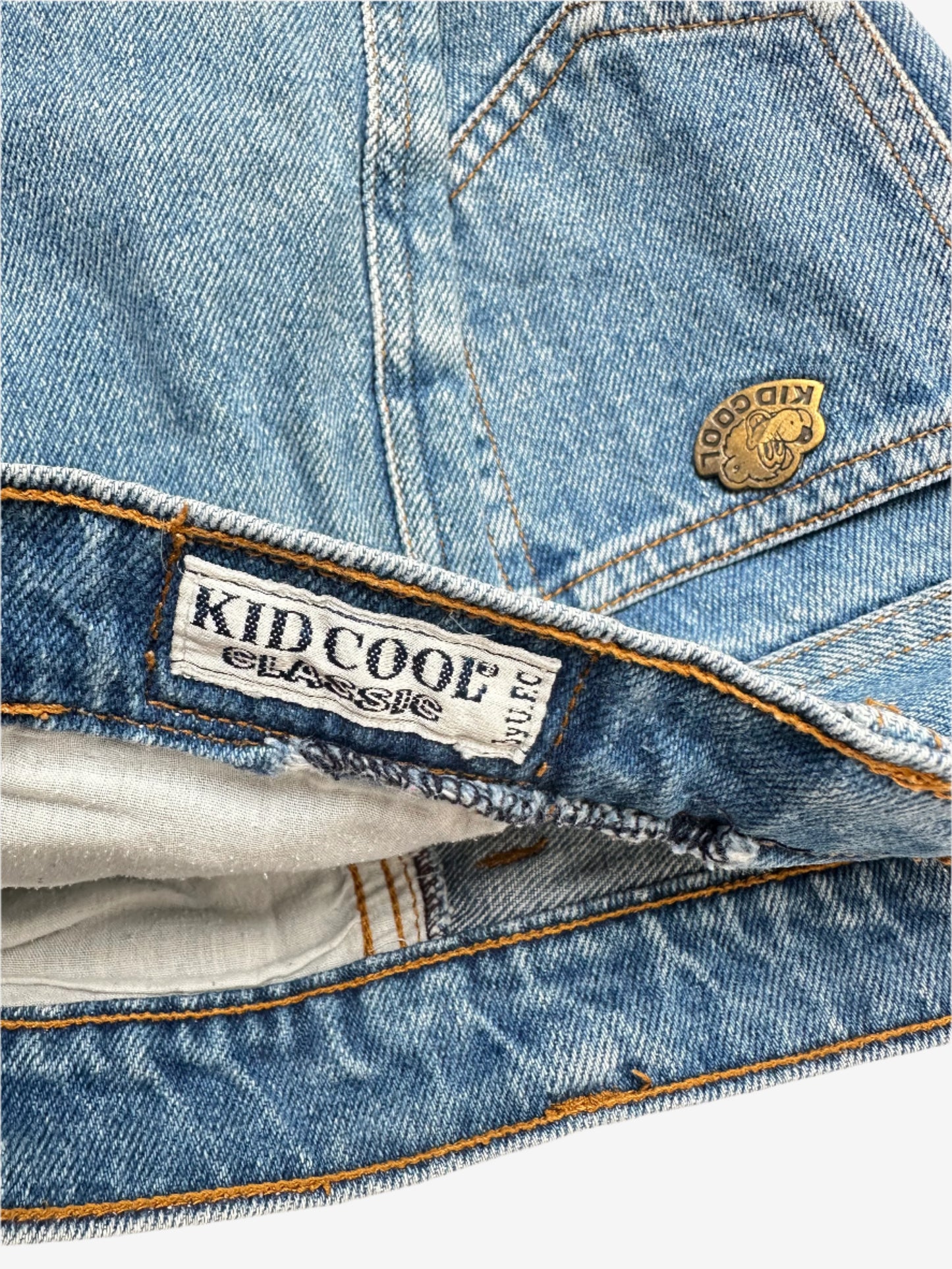 Kids Vintage cut-off denim shorts, with badge details, Age 4-5 years.