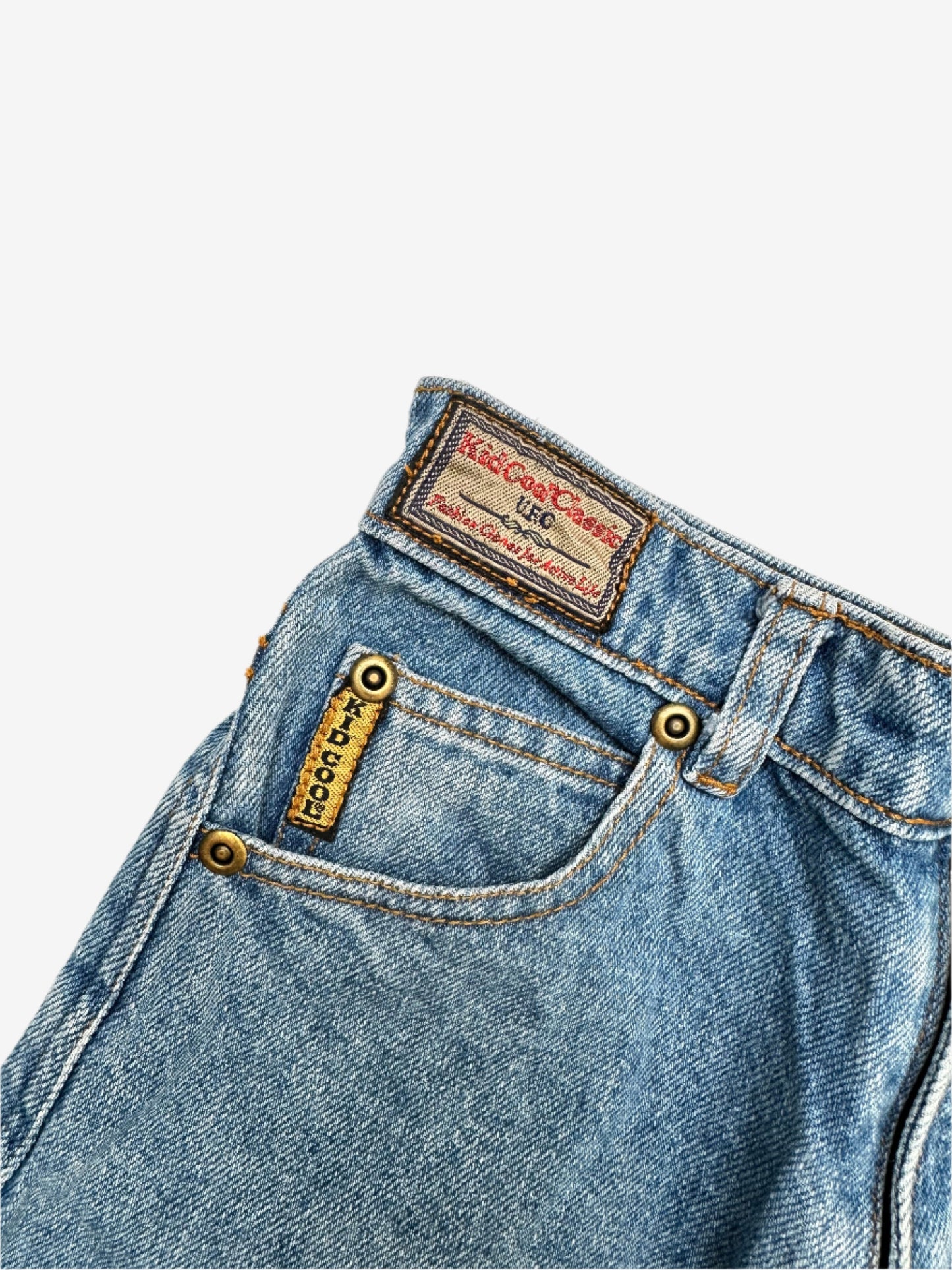 Kids Vintage cut-off denim shorts, with badge details, Age 4-5 years.