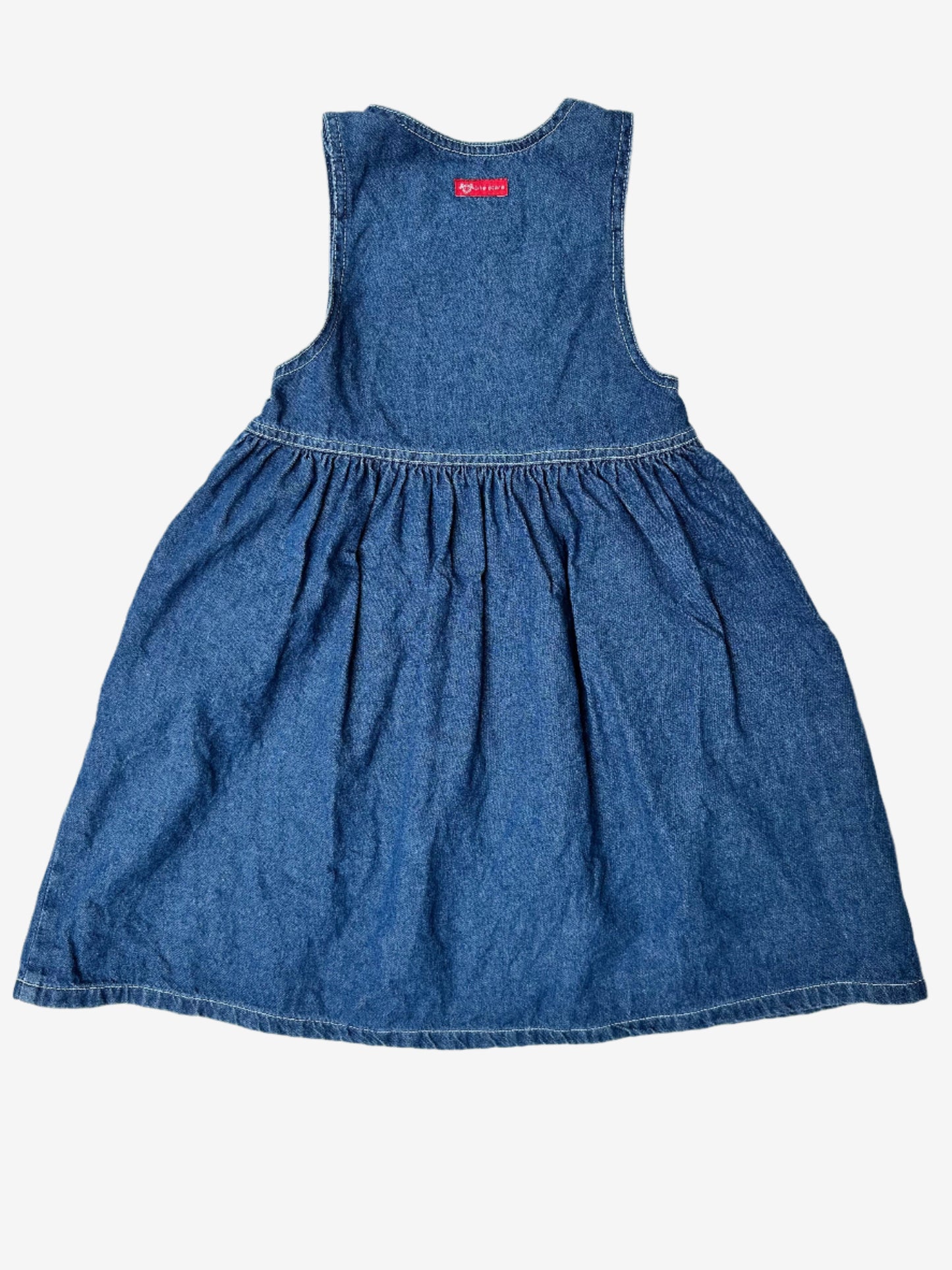 Kids vintage Denim dress with stripe detail, badges and red highlights. Age 6 years.