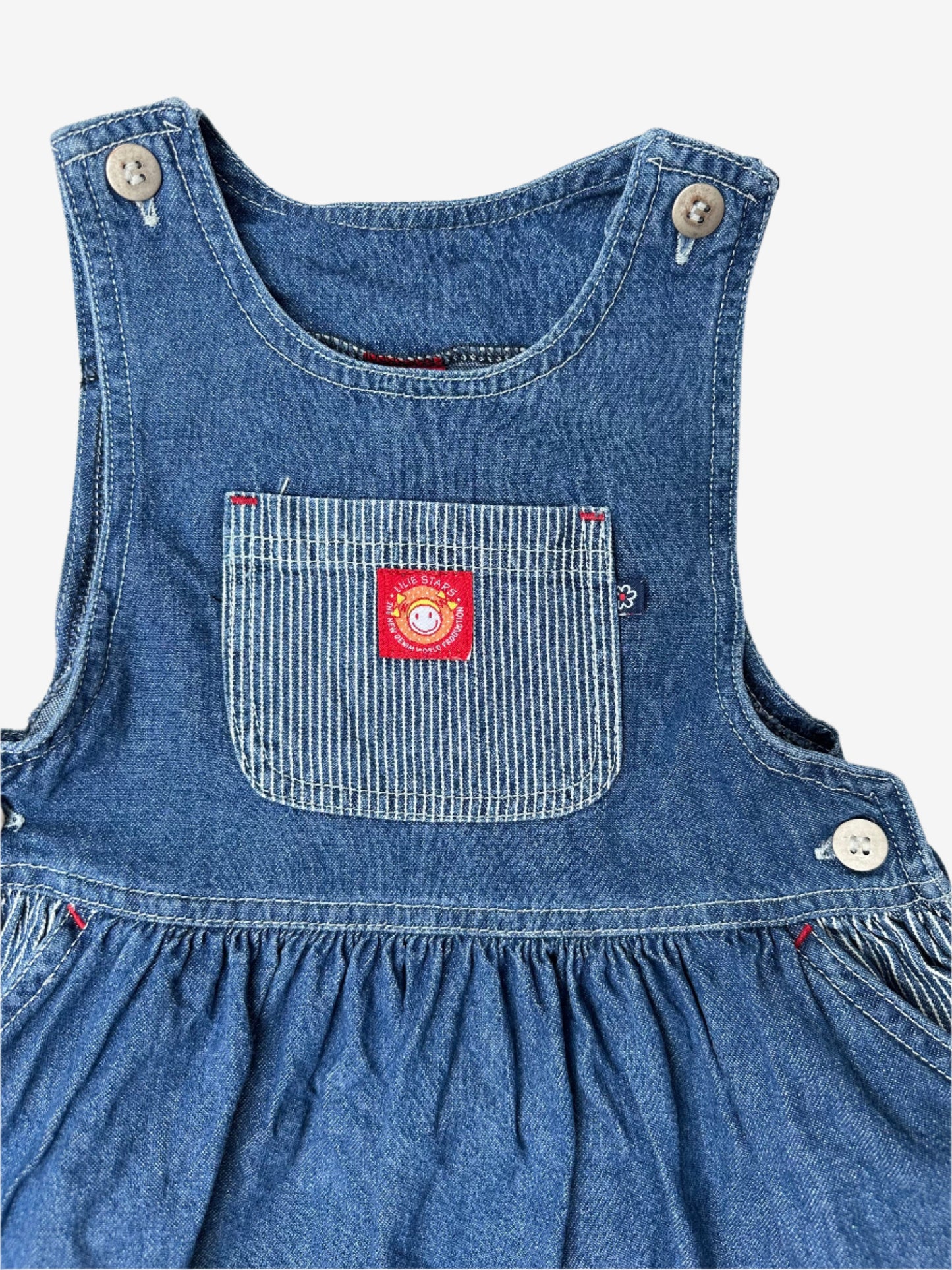 Kids vintage Denim dress with stripe detail, badges and red highlights. Age 6 years.