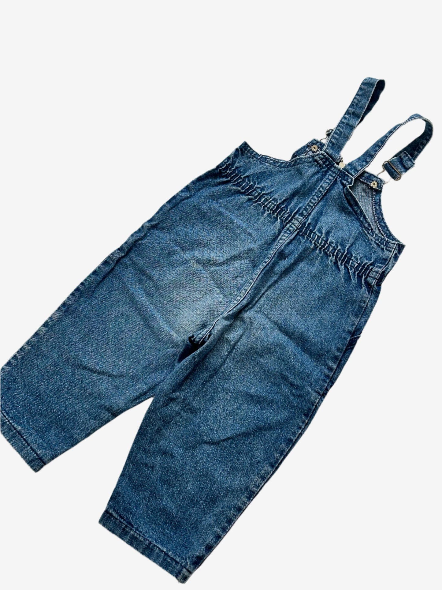 Kids Vintage Denim Zip Front Dungarees with patch pockets in a relaxed fit. Age 18-24 Months.