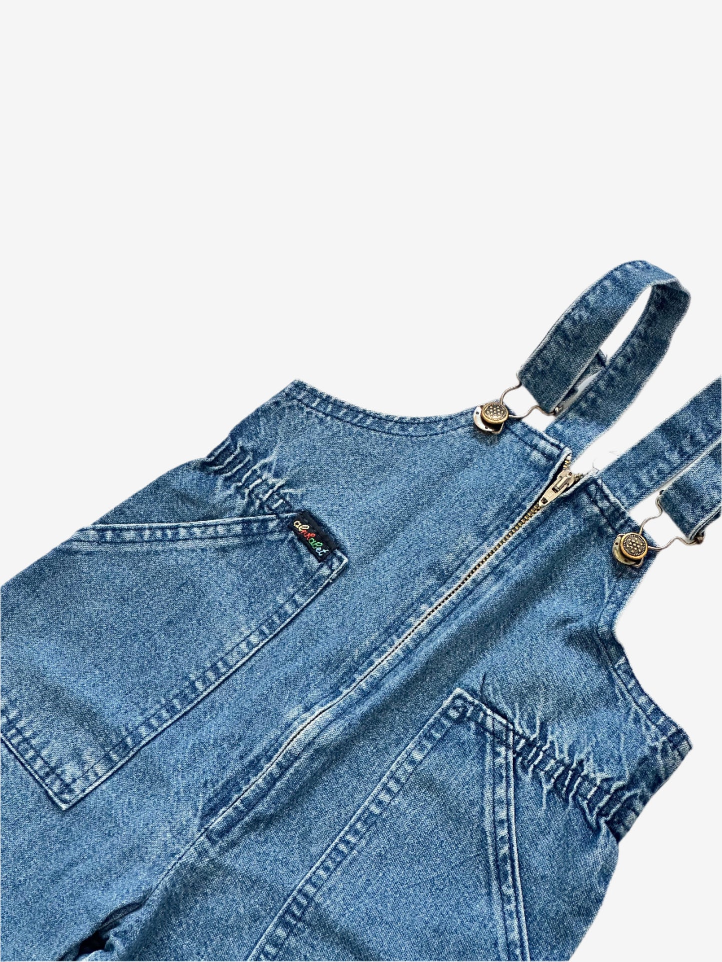 Kids Vintage Denim Zip Front Dungarees with patch pockets in a relaxed fit. Age 18-24 Months.