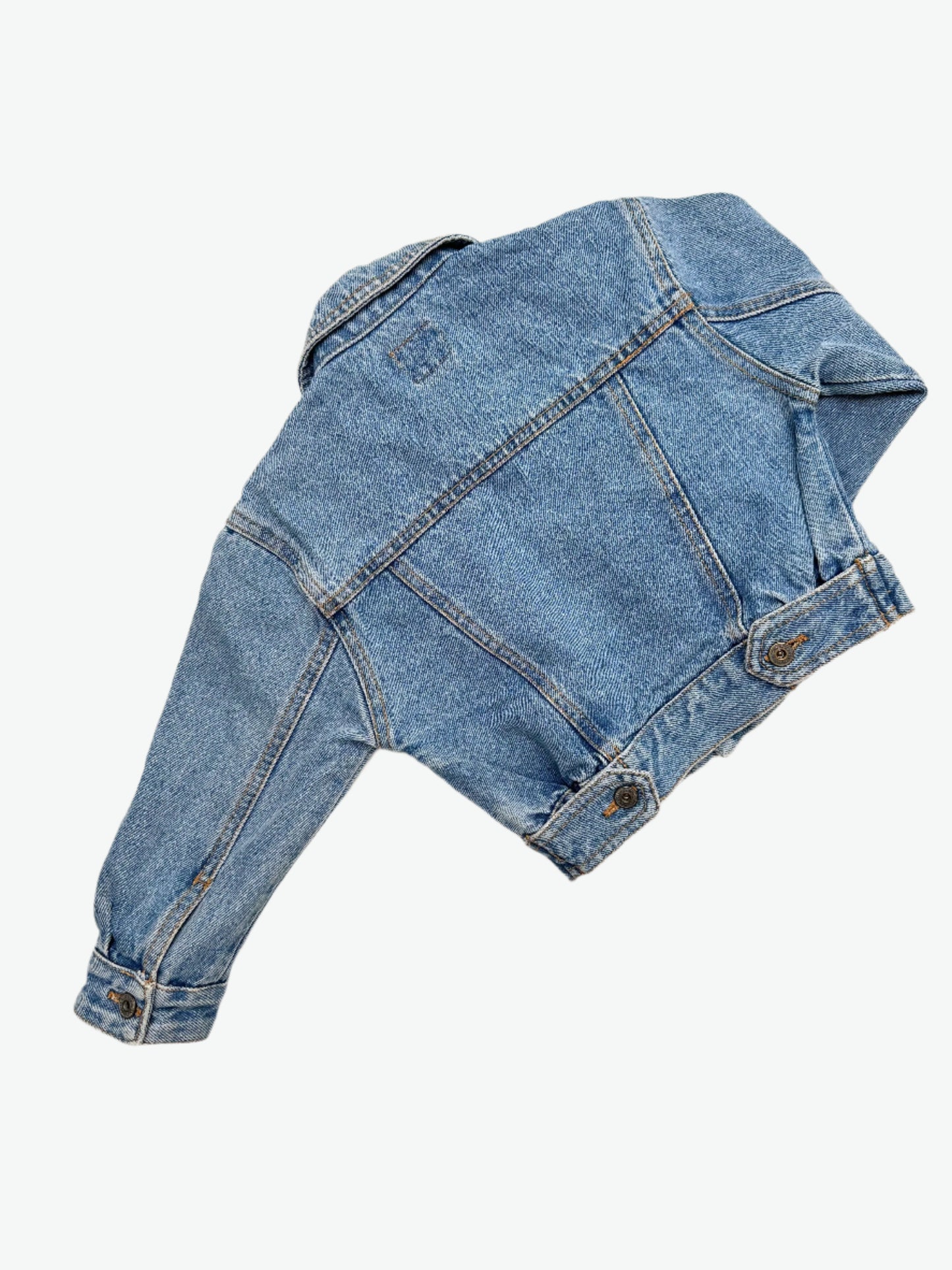 Kids vintage denim jacket. Authentically worn in classic trucker jacket. Made in Spain. Age 1 yrs.