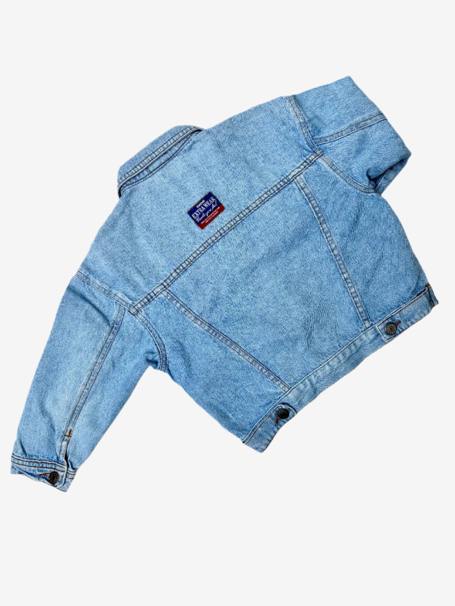 Kids vintage Denim jacket with stripe and gingham details and badges in a light wash. Age 5 years.