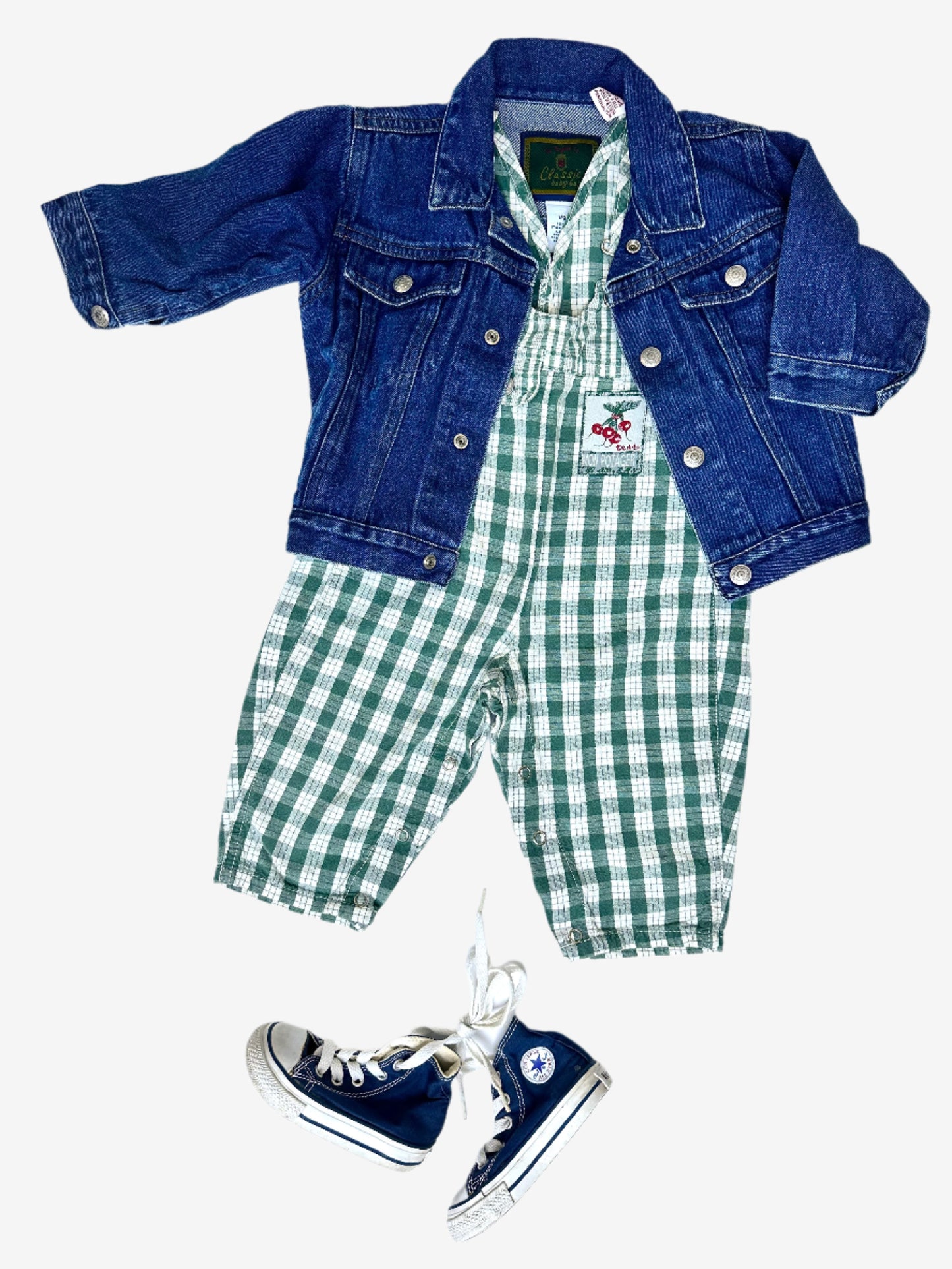 Kids vintage GAP denim trucker jacket outfit with green check dungarees and converse. Age 12-18 Months.