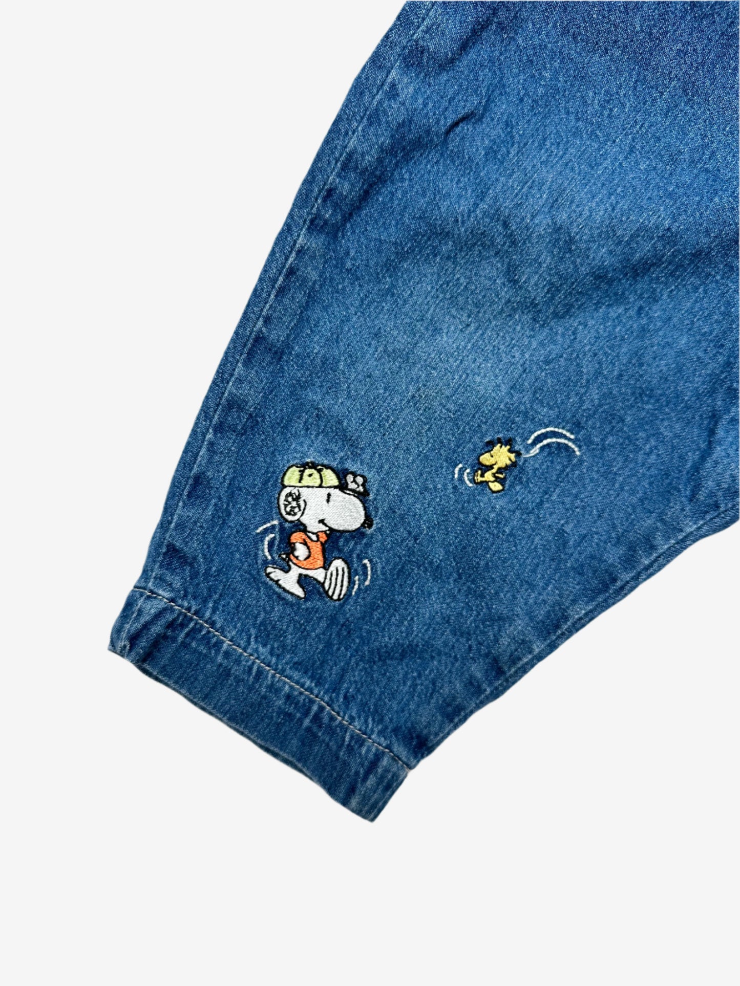 Kids Vintage lightweight denim jeans, with Snoopy embroidery and check fabric details, Age 1 years.