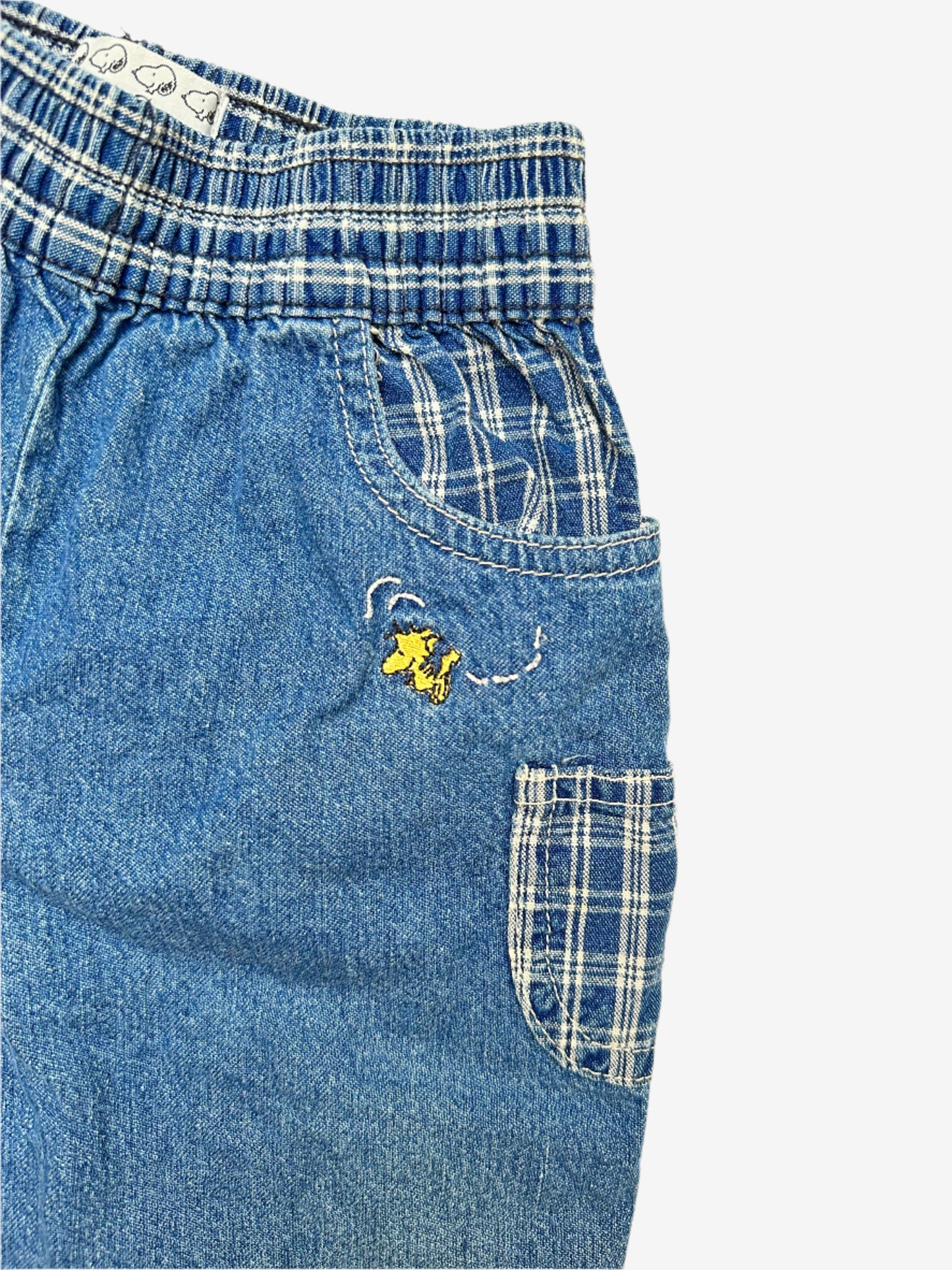 Kids Vintage lightweight denim jeans, with Snoopy embroidery and check fabric details, Age 1 years.