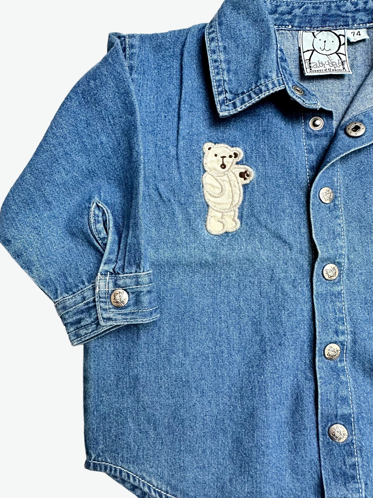 Kids vintage denim shirt with two bears on the chest. Silver Popper opening. Age 74cm/ 6-9 Months.