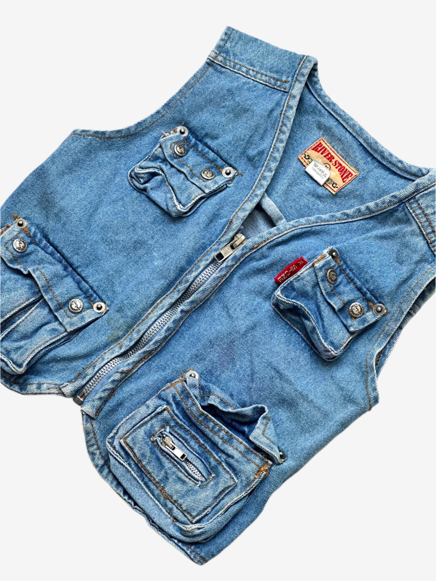 Kids Vintage Denim Fisherman's Vest with multiple pockets and zip opening. Age 18-24 Months