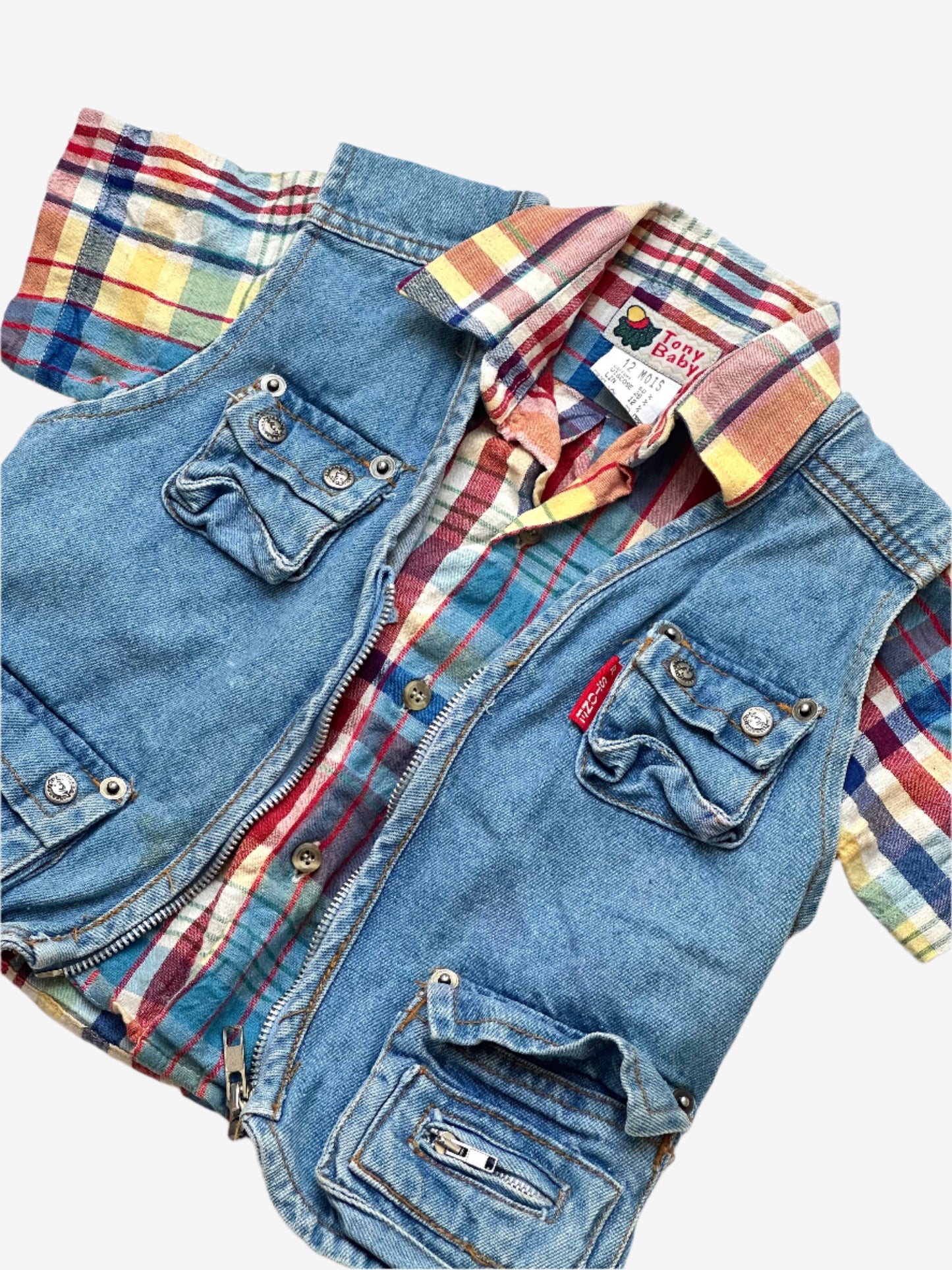 Kids Vintage Denim Fisherman's Vest with multiple pockets and zip opening. Age 18-24 Months