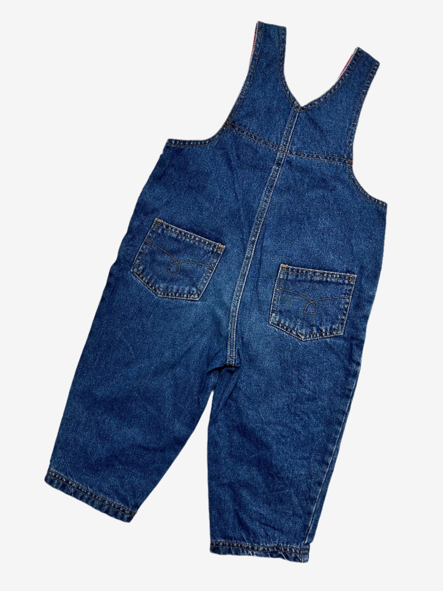 Kids vintage denim dungarees. In a dark denim with floral highlights. Age 18-24 months.