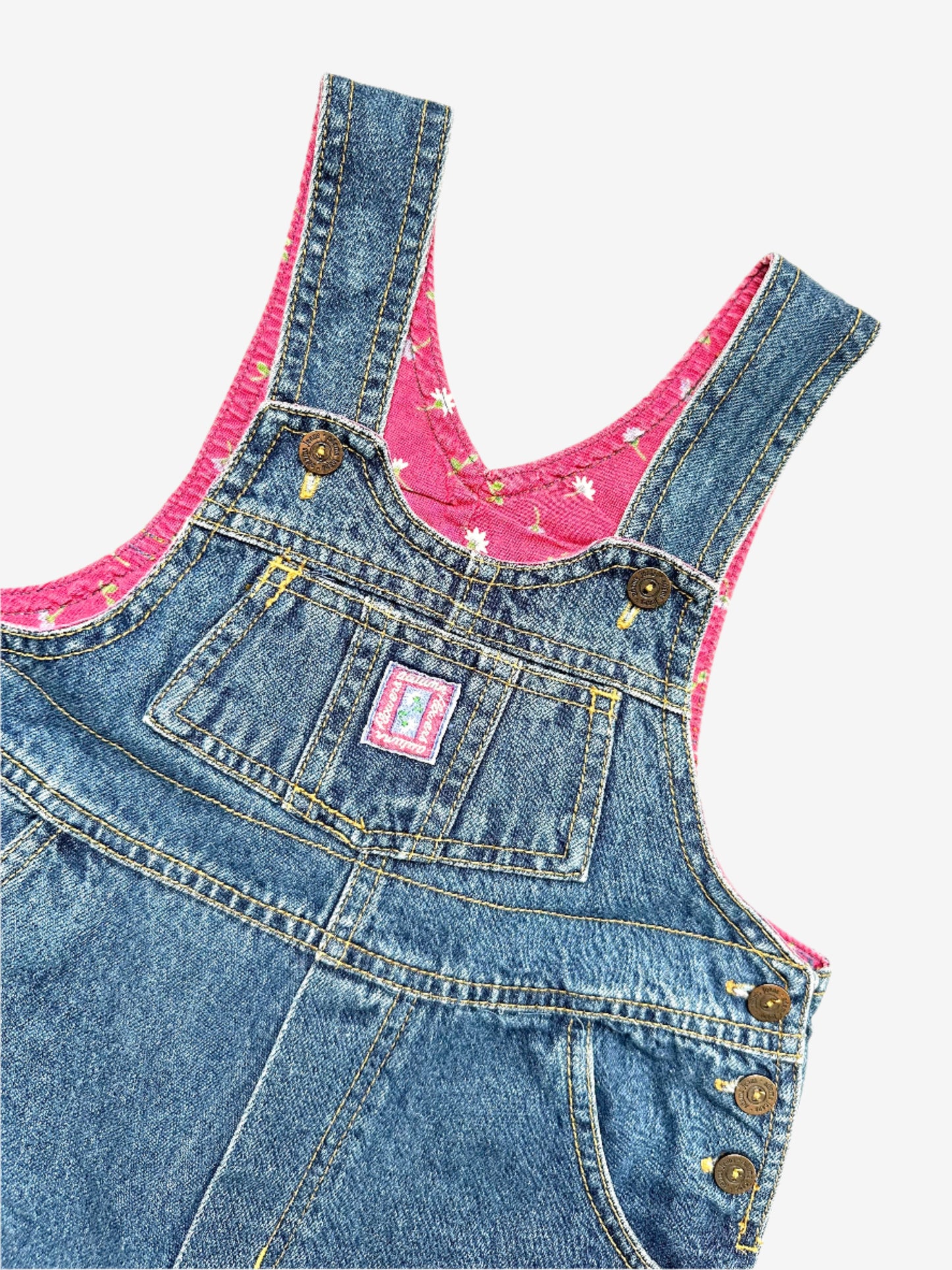Kids vintage denim dungarees. In a dark denim with floral highlights. Age 18-24 months.