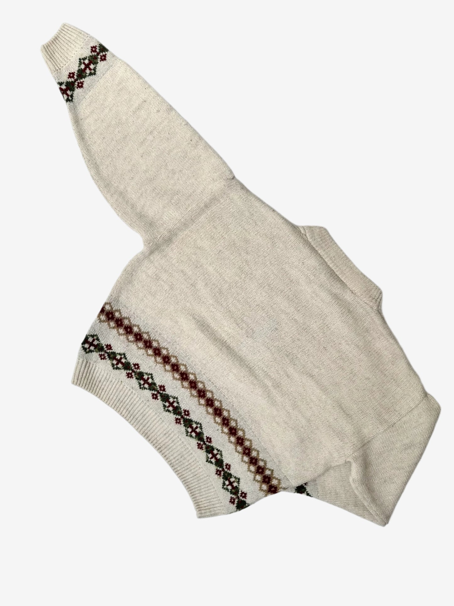 Kids Vintage cream colour lightweight knIt jumper with horse rider patch and embroidery on the chest and beautiful border patterns. Age 6 years.