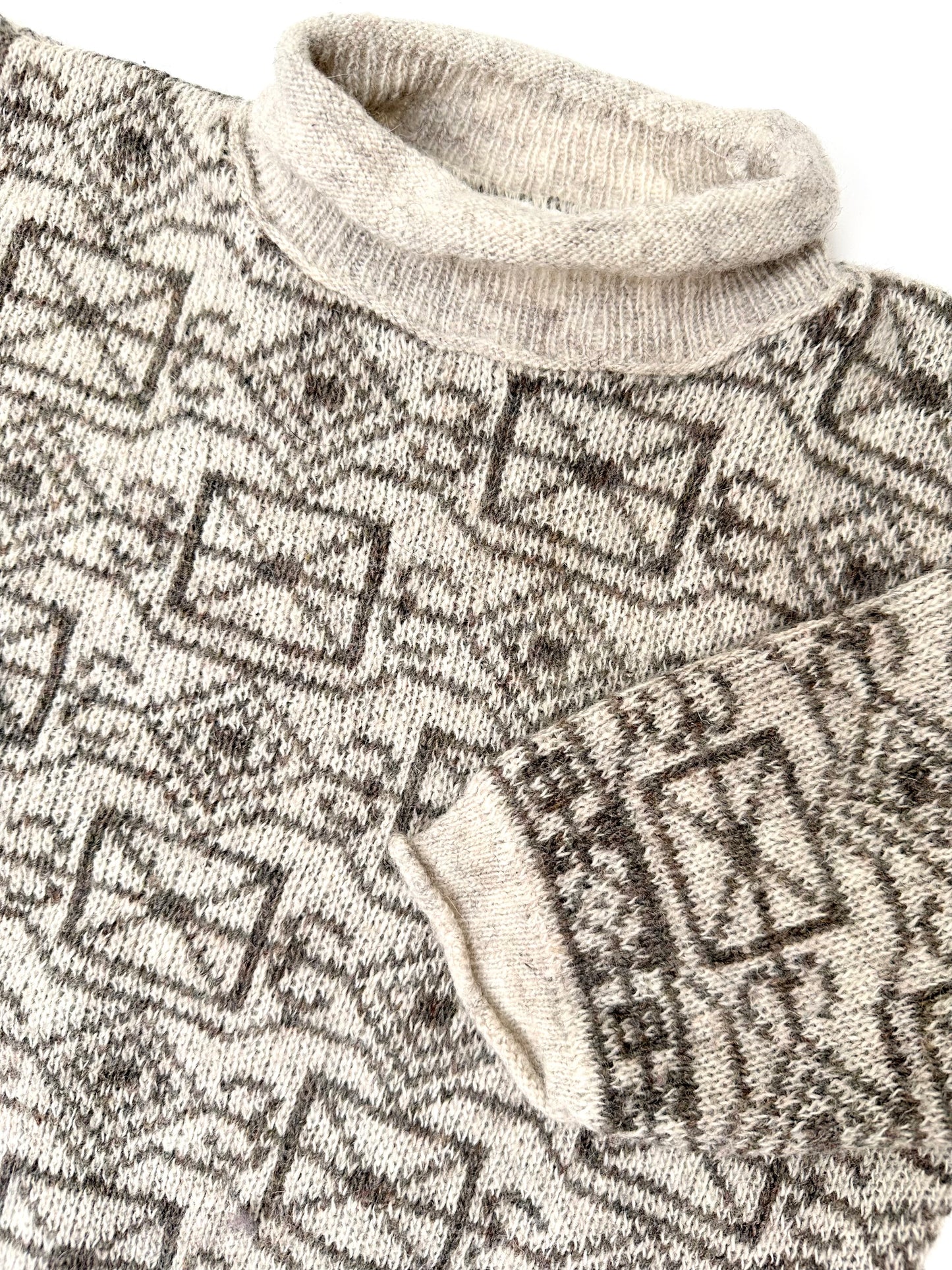 Kids vintage cream and beige colour lightweight jumper with geometric 'envelope' pattern and roll neck. Age 3 years.