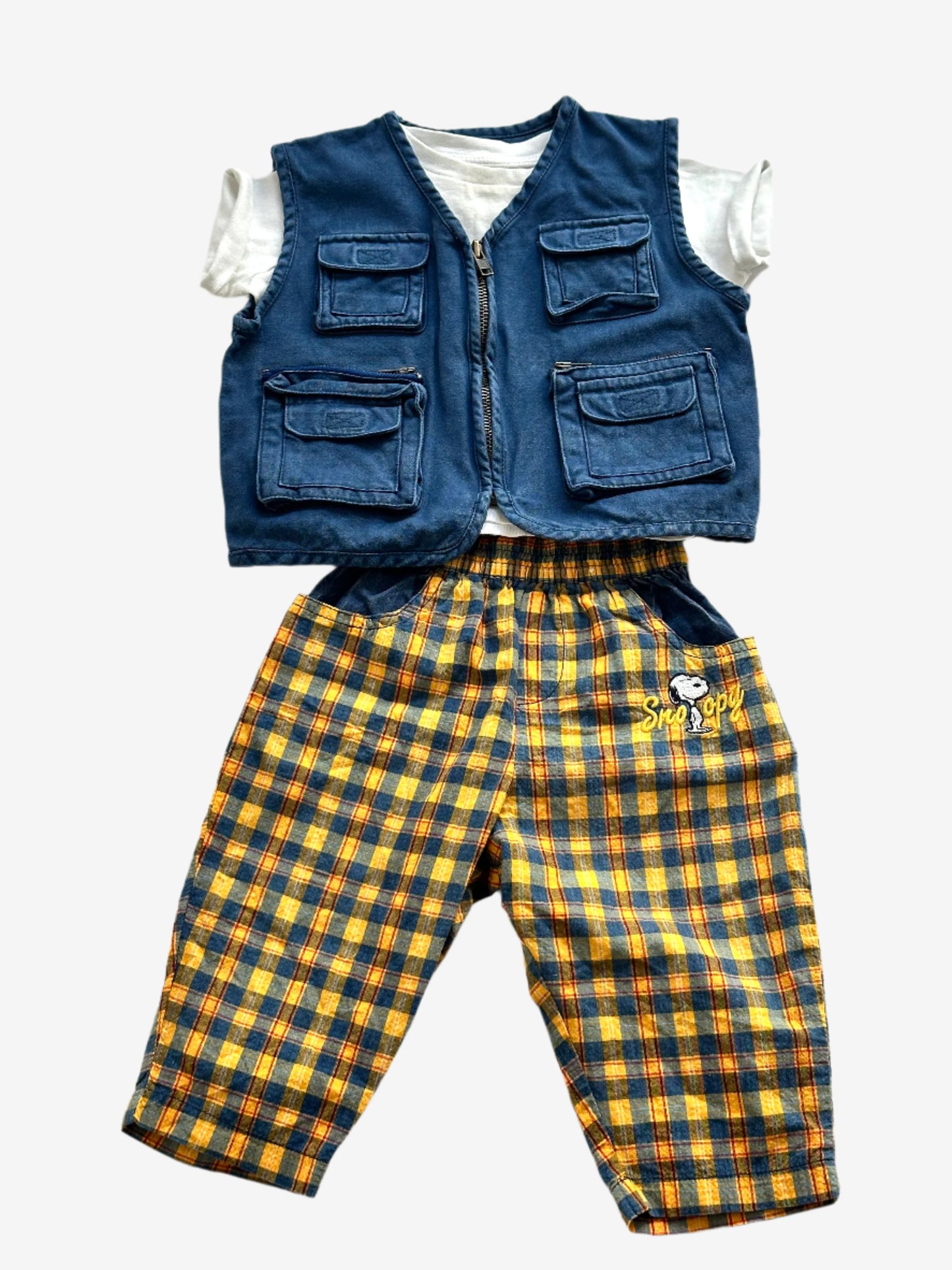 Kids Vintage Navy Fisherman's Vest with multiple pockets and Snoppy check trousers outfit. Age 18-24 Months.