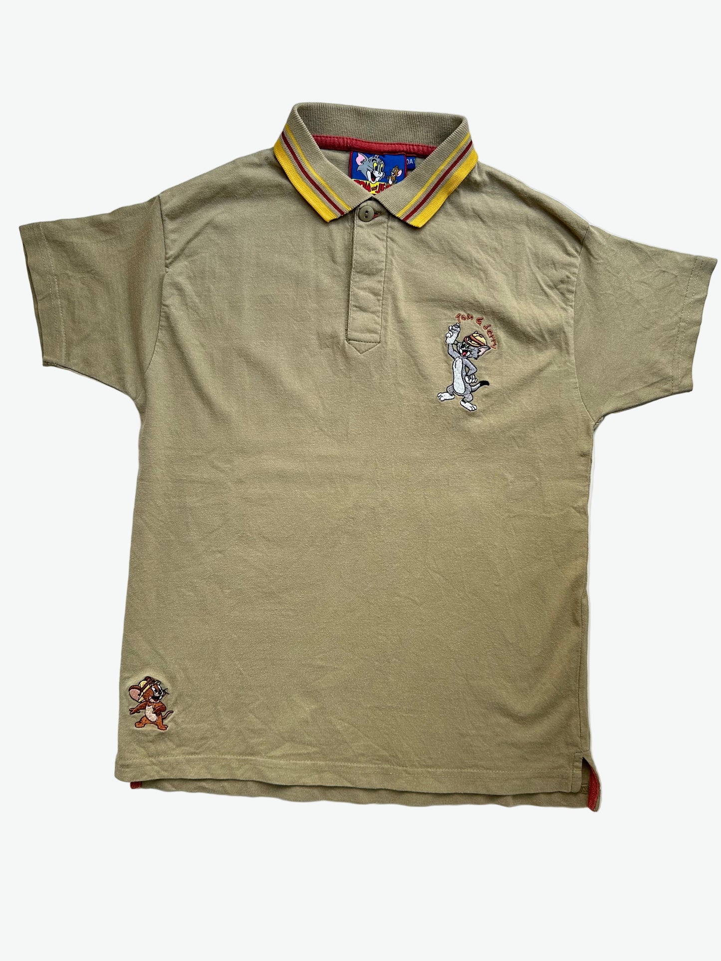 kids vintage polo shirt in beige with yellow and red collar trim with characters Tom & Jerry embroidered. Age 10 years.