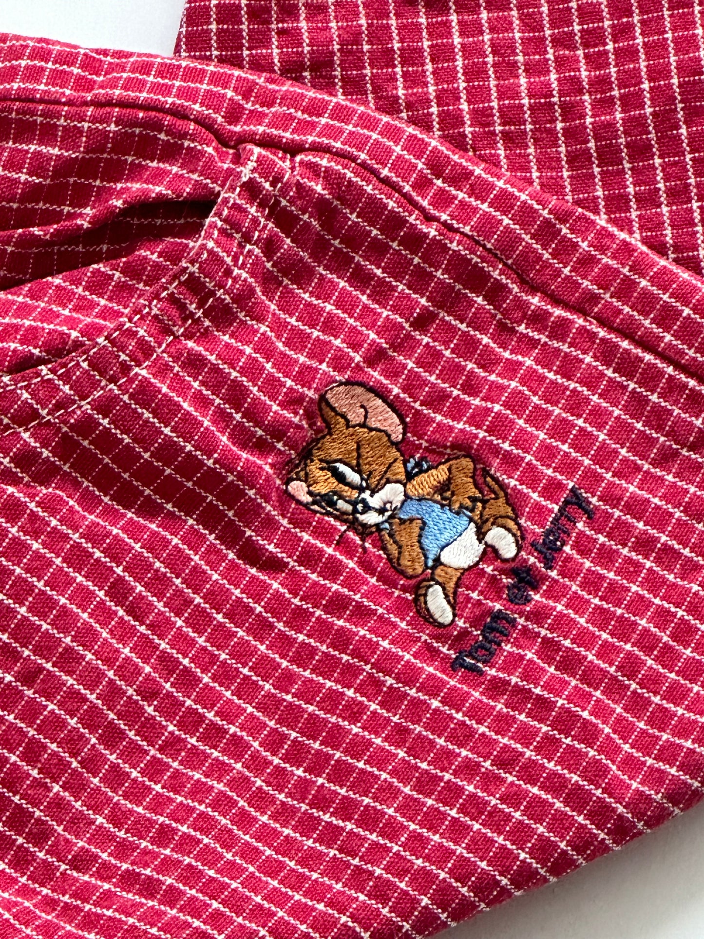Kids vintage 90's red check relaxed trousers, Tom & Jerry embroidery detail, Age 12 months.