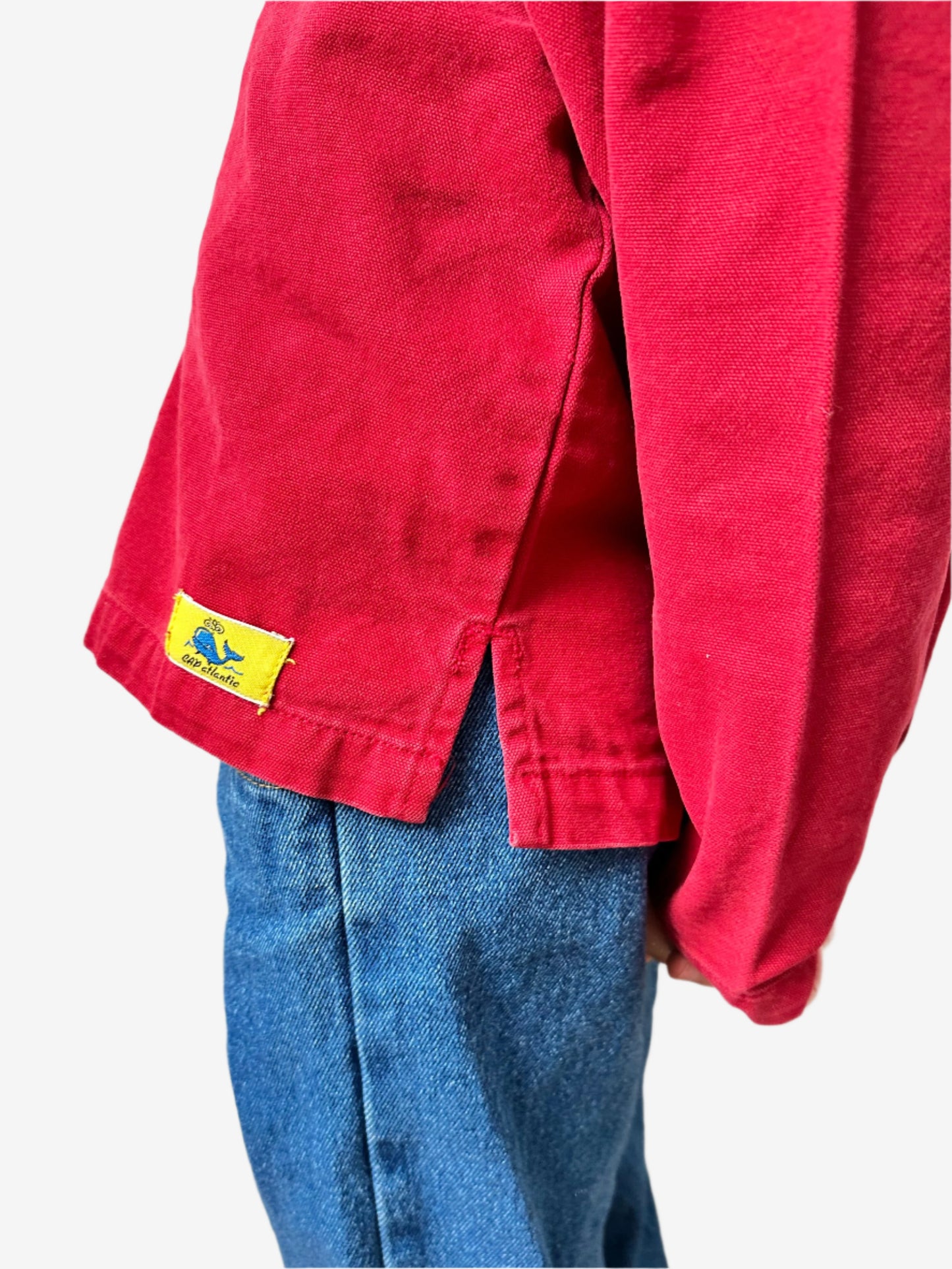 Kids Vintage Fisherman Smock Top in canvas material and classic vintage red with yellow badge. Age 6 yrs.