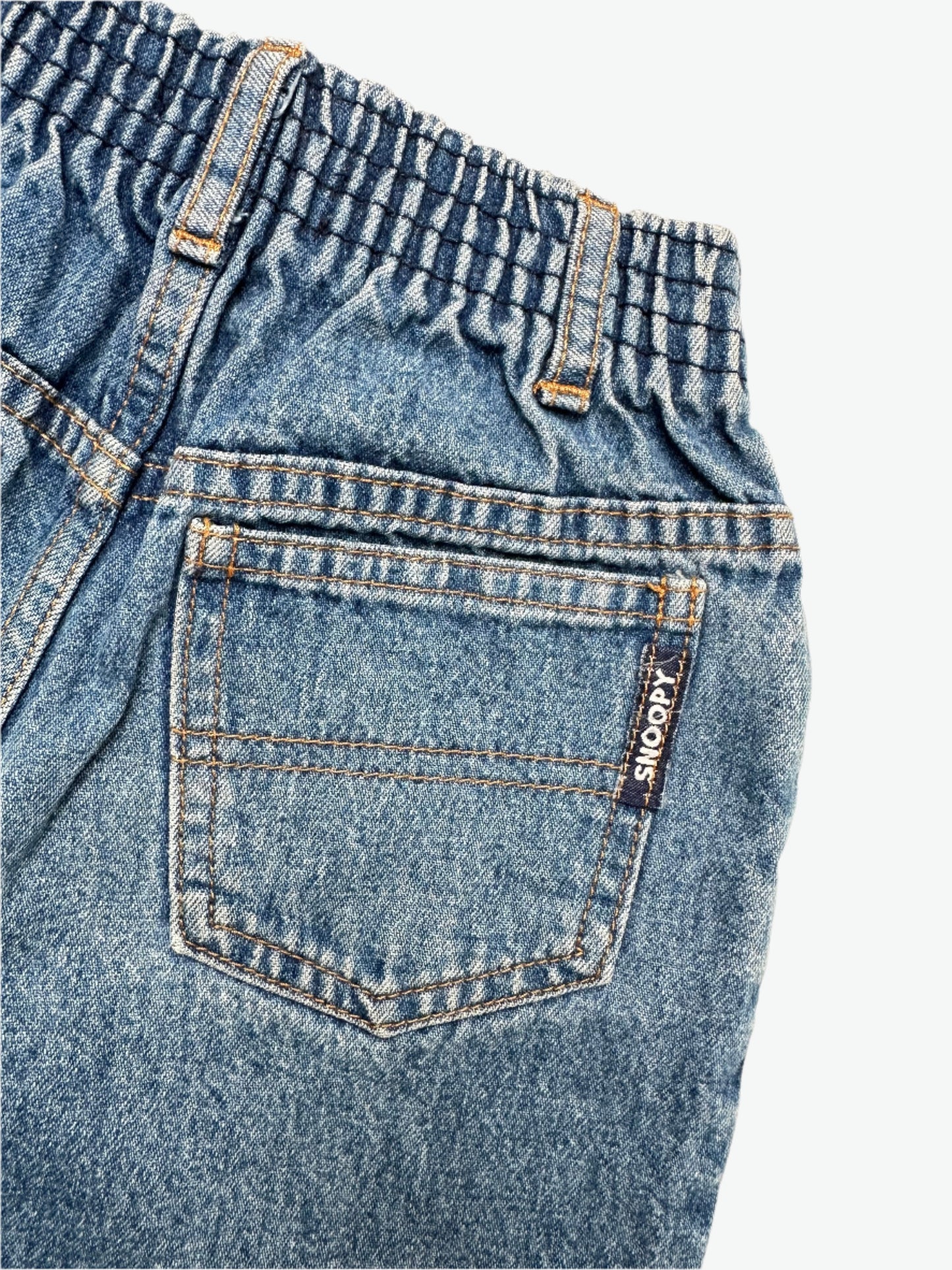 Kids Vintage denim jeans with Snoopy embroidery and elasticated waist for comfort, faded in all the right places. Age 2 years.