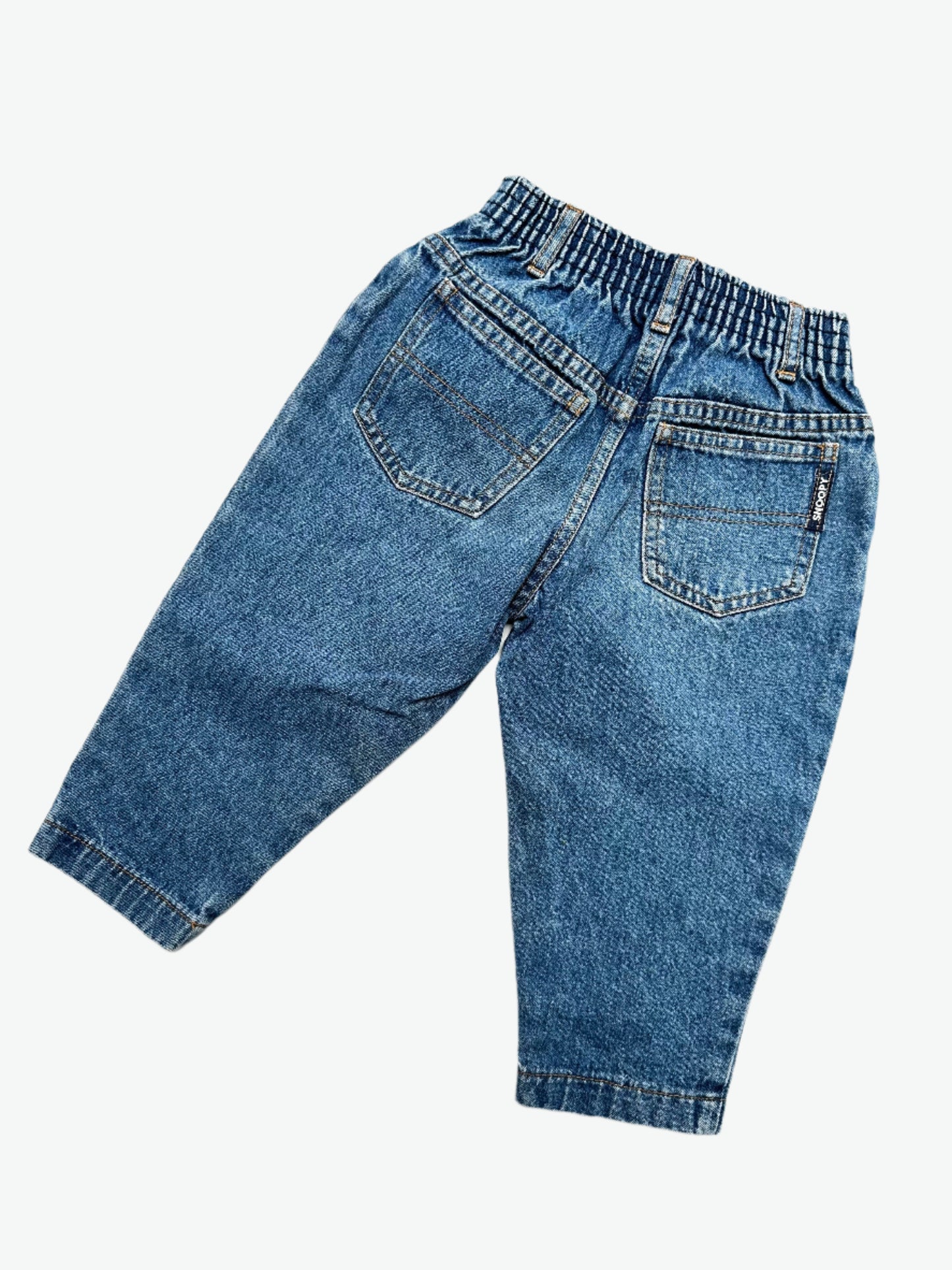 Kids Vintage denim jeans with Snoopy embroidery and elasticated waist for comfort, faded in all the right places. Age 2 years.