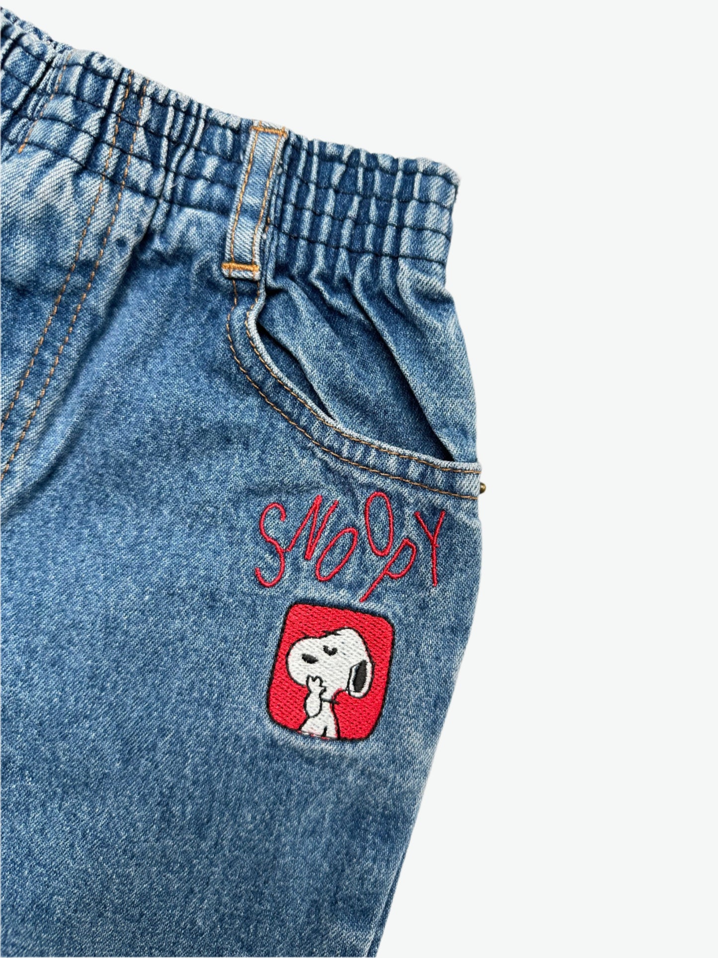 Kids Vintage denim jeans with Snoopy embroidery and elasticated waist for comfort, faded in all the right places. Age 2 years.
