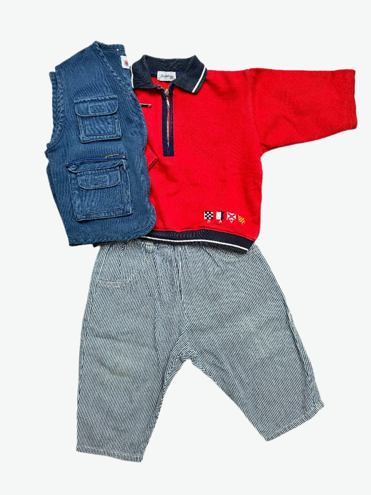 Kids vintage hickory stripe bubble fit jeans, easy elasticated waist, worn with polo zip jumper and multi-pocket vest. Age 1 yrs