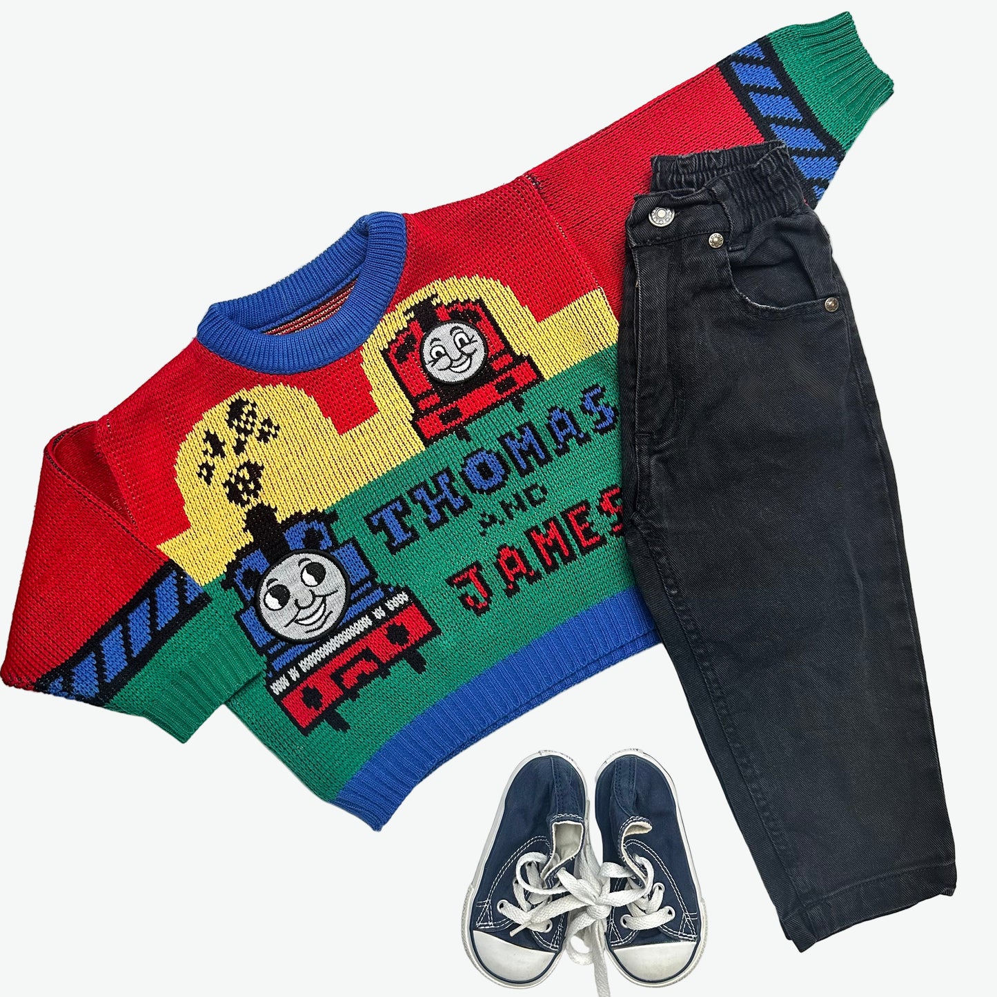 Kids vintage 90's Colourful knit jumper with 'Thomas and Friends' design on from Thomas the tank engine on a white background. Made in UK.