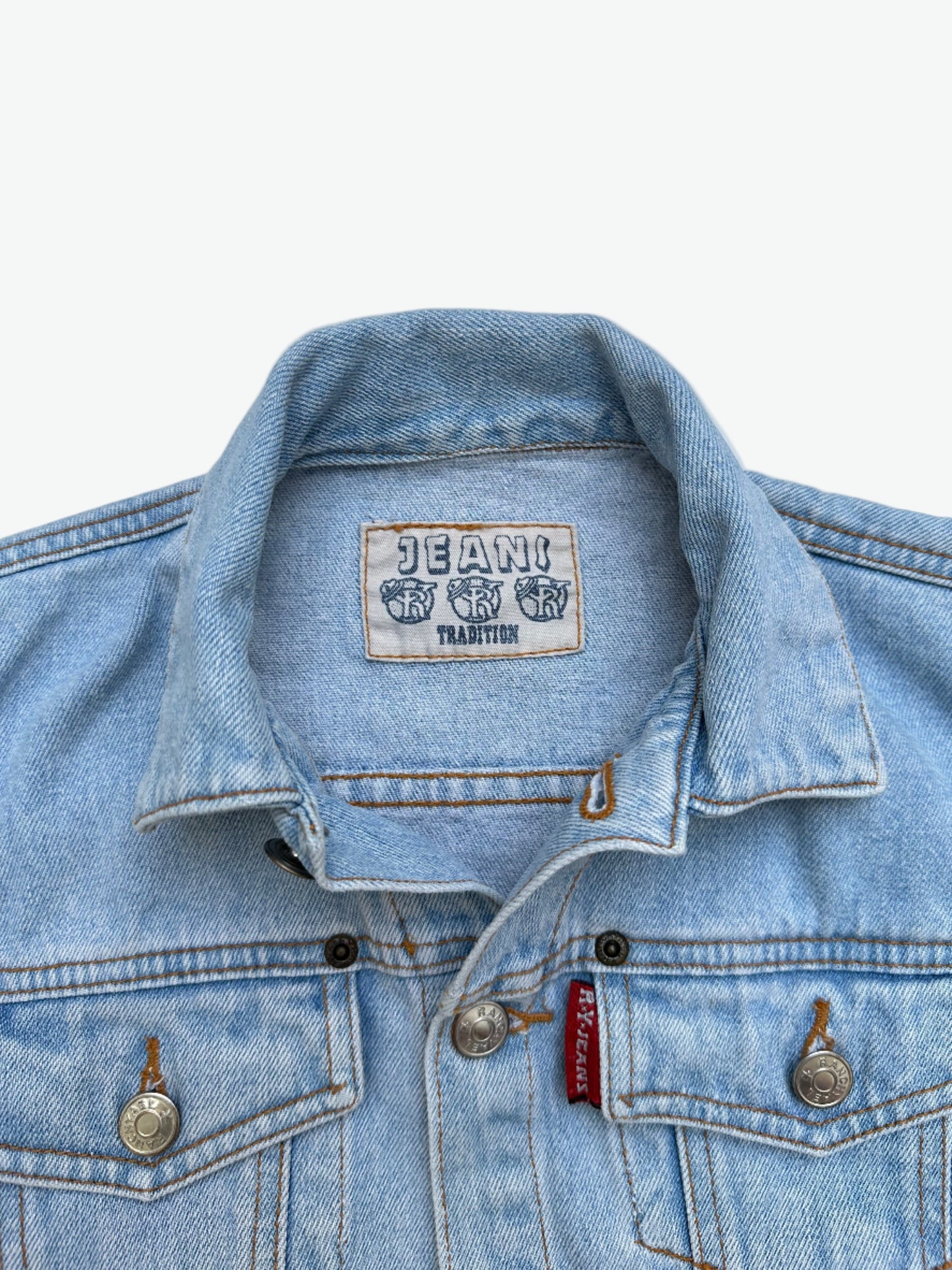 Kids vintage authentic light wash denim trucker jacket with badge details.