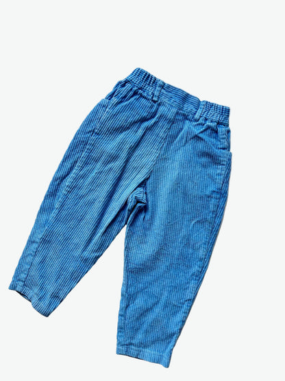 Cornflower blue corduroy trousers on a white background