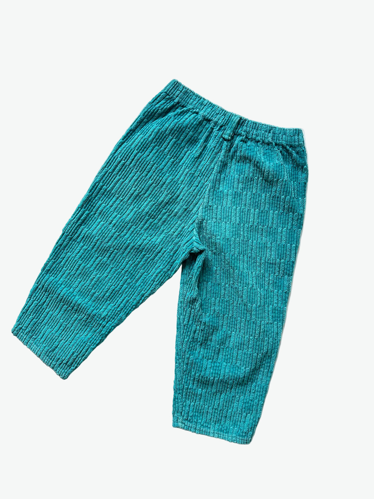 Teal corduroy trousers on a white background