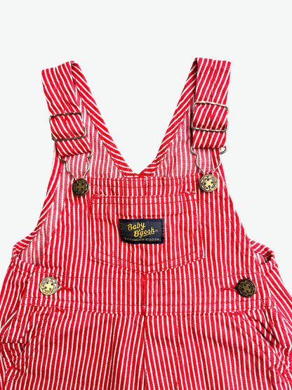 Red and white striped overalls with a visible oshkosh brand label on a white background