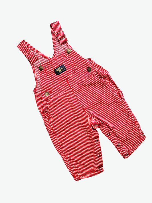 Red and white striped overalls with a visible oshkosh brand label on a white background