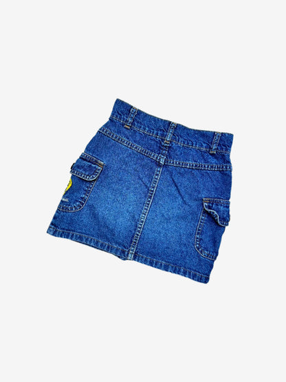 Kids vintage 90's Tweedy denim skirt, with front button opening and cargo pockets, Tweedy bird embroidery on the side, age 7 years.