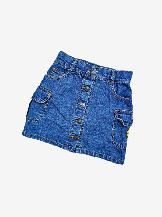 Kids vintage 90's Tweedy denim skirt, with front button opening and cargo pockets, Tweedy bird embroidery on the side, age 7 years.
