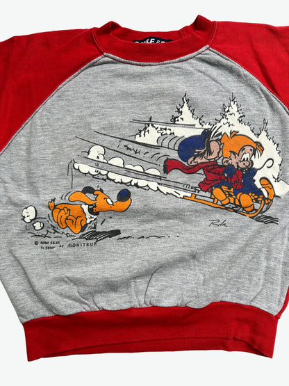 Grey and red sweater jumper with cartoon character boule & bill design on a white background