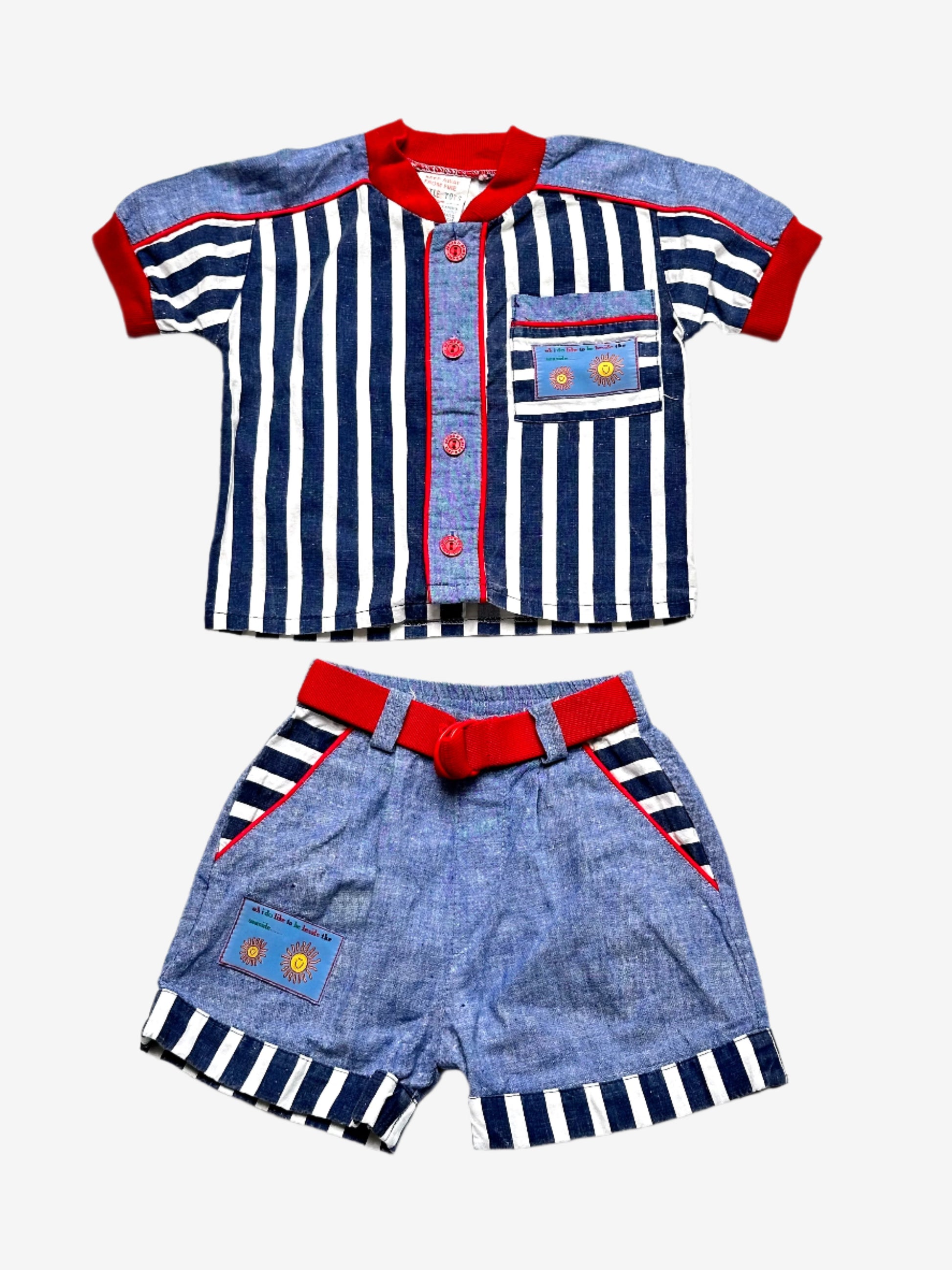 Kids vintage shirt and short set, Chambray denim and stripe with belt detail. Age 6-12 months. Pretty unique!