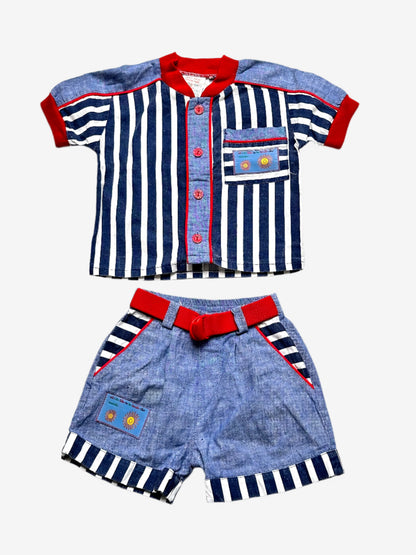 Kids vintage shirt and short set, Chambray denim and stripe with belt detail. Age 6-12 months. Pretty unique!