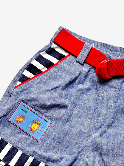 Kids vintage shirt and short set, Chambray denim and stripe with belt detail. Age 6-12 months. 