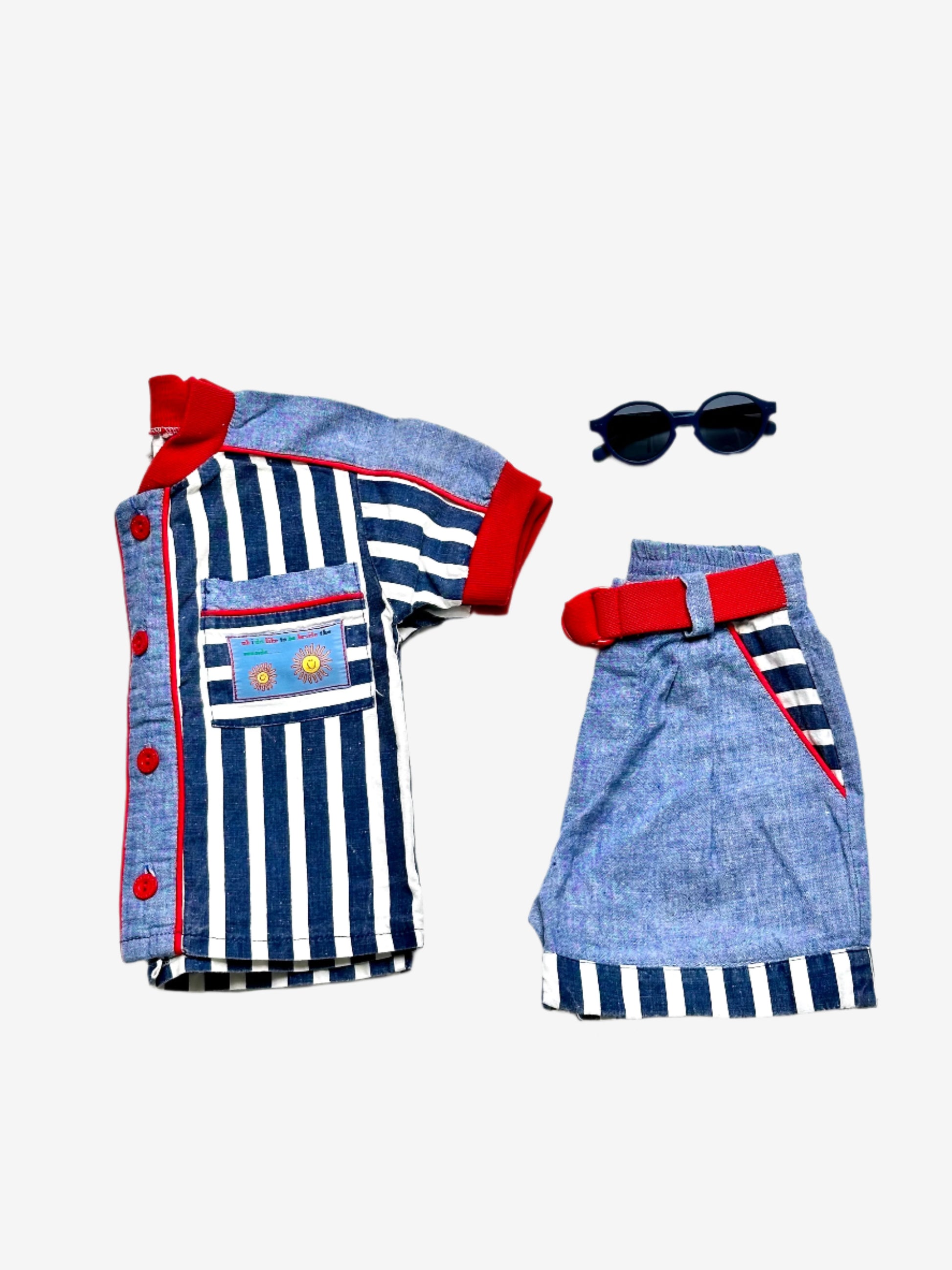 Kids vintage shirt and short set, Chambray denim and stripe with belt detail. Age 6-12 months. 