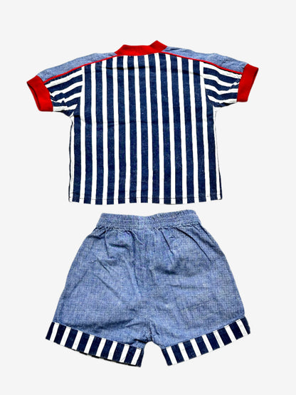 Kids vintage shirt and short set, Chambray denim and stripe with belt detail. Age 6-12 months. 