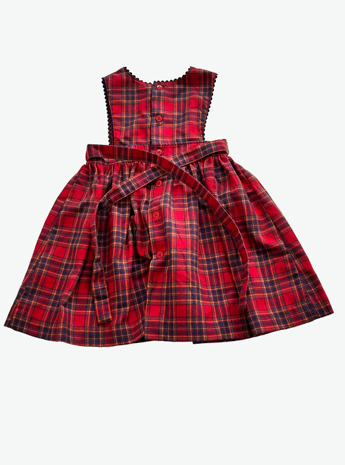 Kid vintage Red check dress button opening and waist tie on a white background