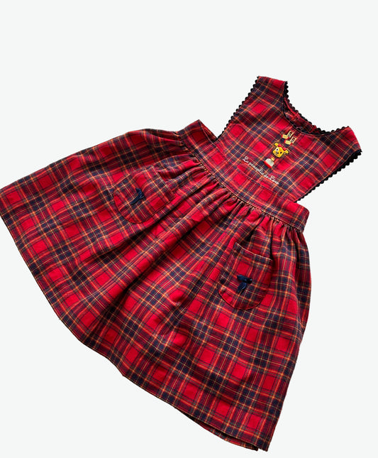 Kid vintage Red check dress button opening and waist tie on a white background