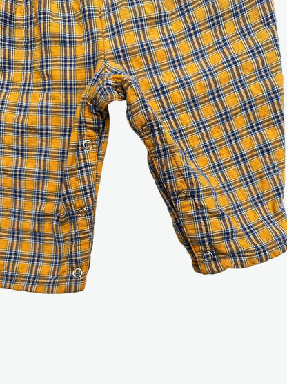 Yellow and blue Check dungarees with badge on a white background