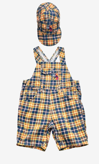 Kids vintage check dungaree and hat set, Age 18-24 months.