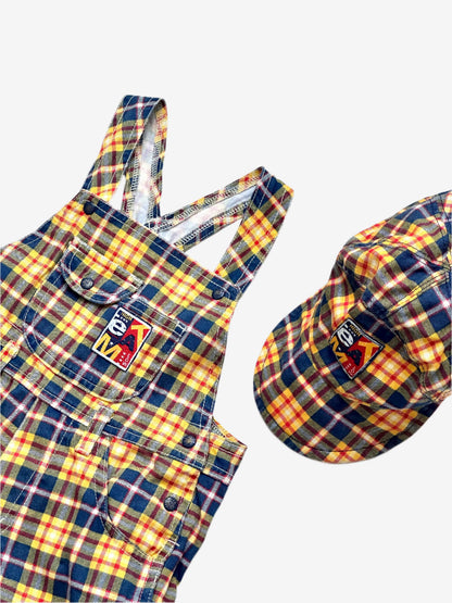 Kids vintage check dungaree and hat set, Age 18-24 months.