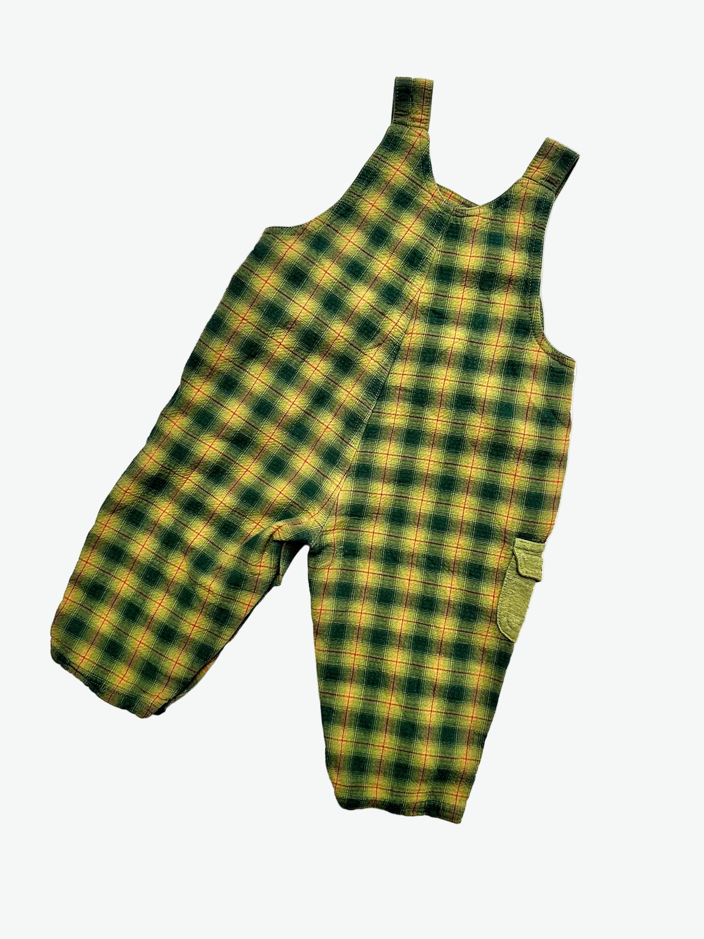 kids vintage Green and yellow Check dungarees with a colourful embroidered design on a white background