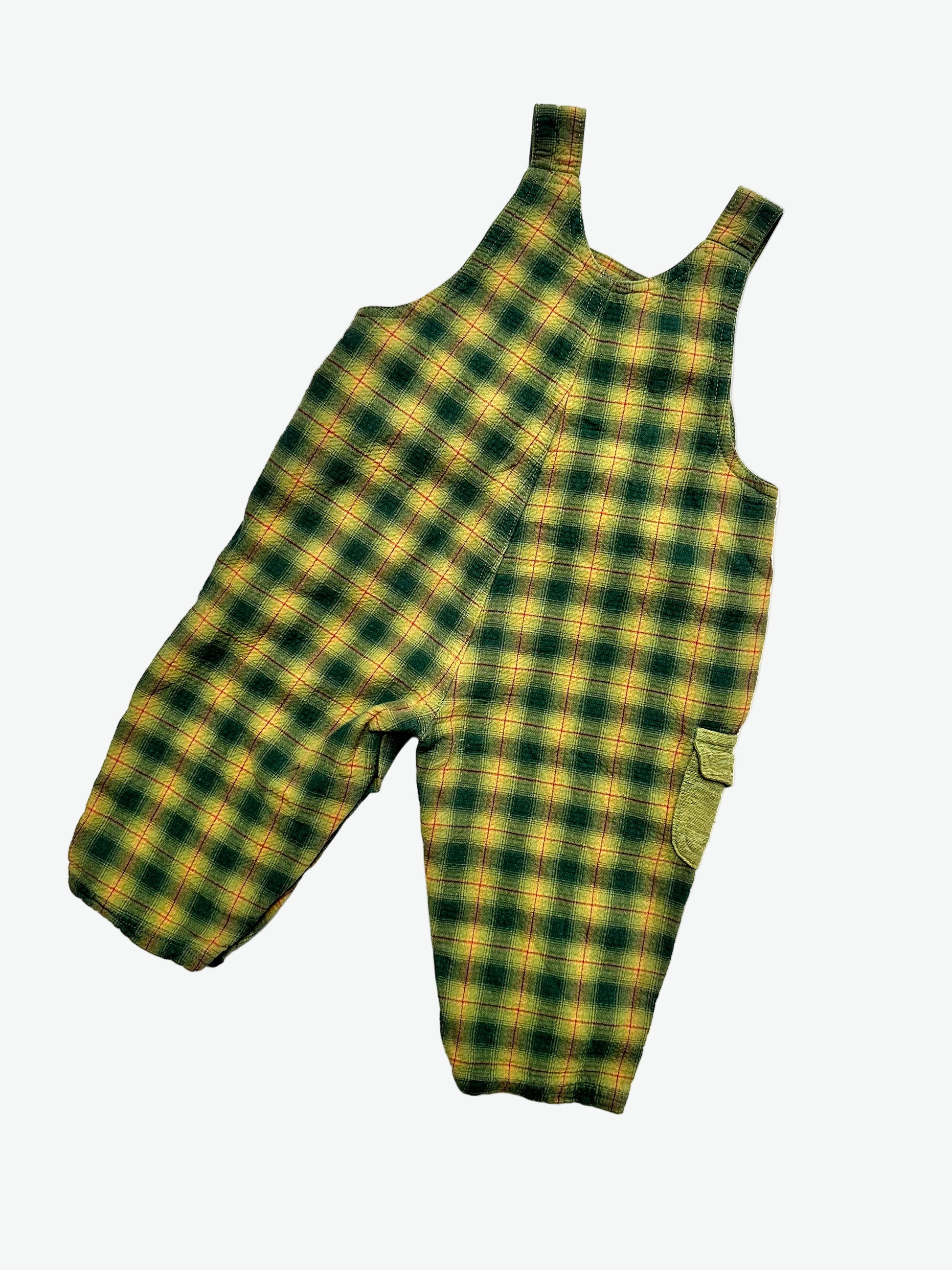 kids vintage Green and yellow Check dungarees with a colourful embroidered design on a white background