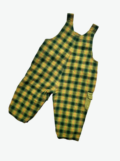 kids vintage Green and yellow Check dungarees with a colourful embroidered design on a white background